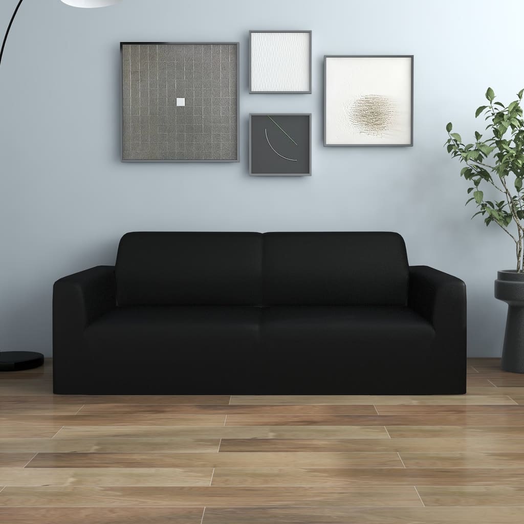 2-Seater Stretch Couch Slipcover Black Polyester Jersey