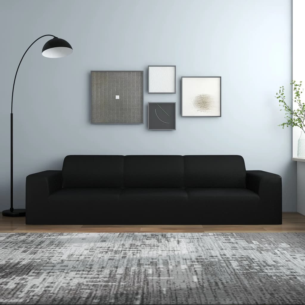 4-Seater Stretch Couch Slipcover Black Polyester Jersey