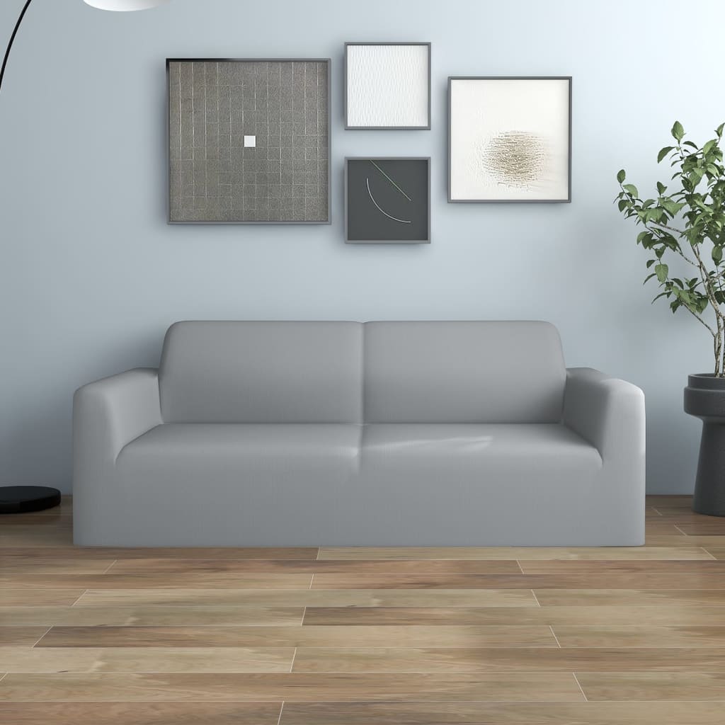 2-Seater Stretch Couch Slipcover Grey Polyester Jersey