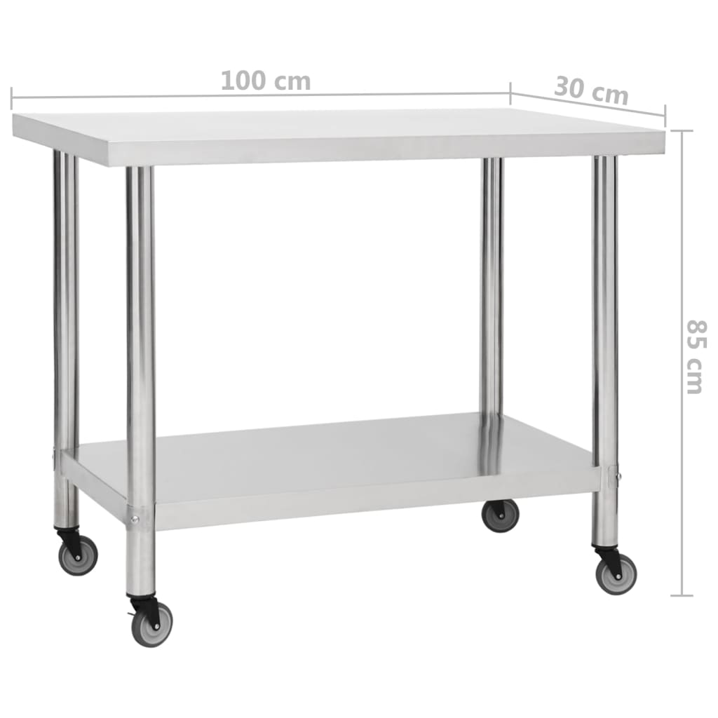 vidaXL Kitchen Work Table with Wheels 100x30x85 cm Stainless Steel