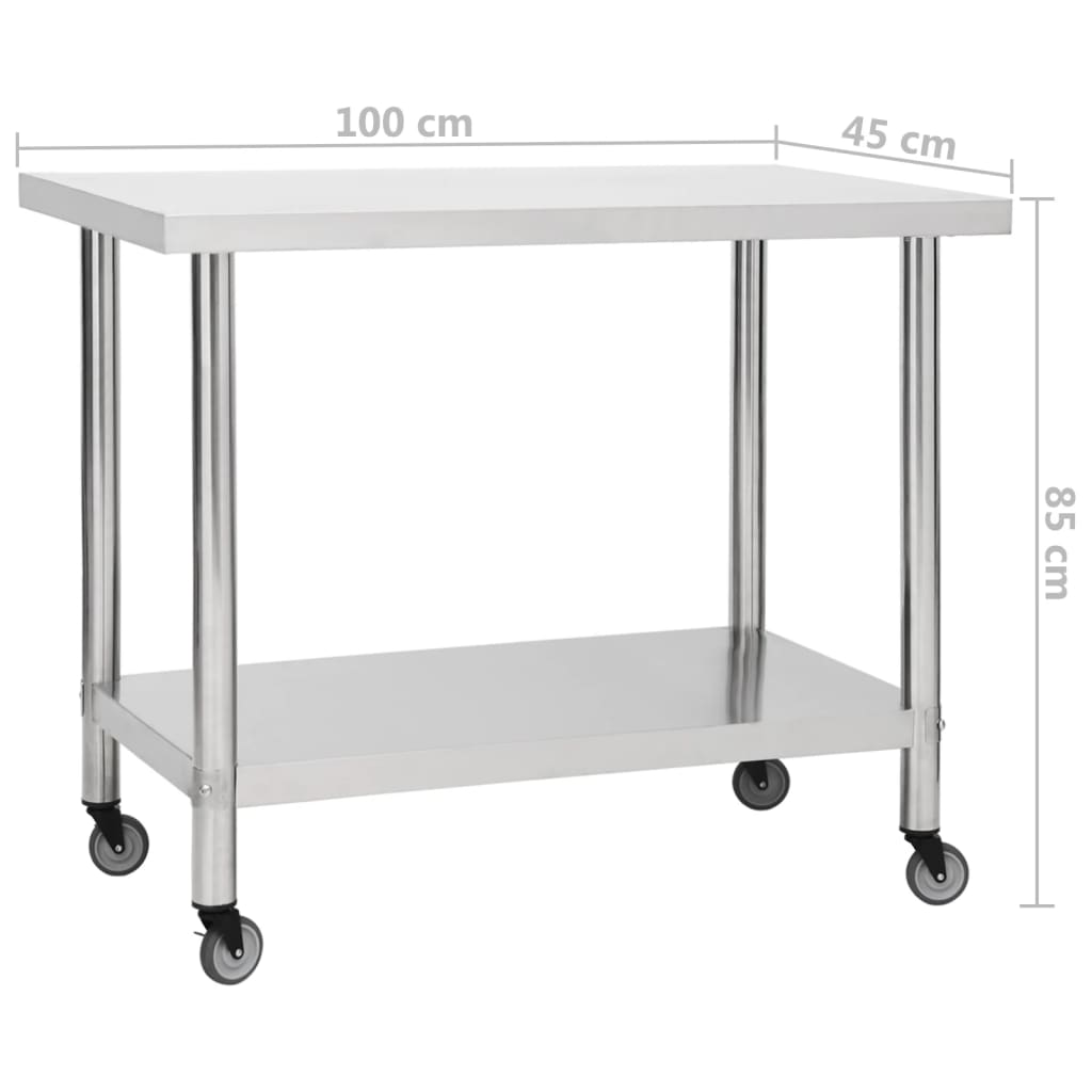 vidaXL Kitchen Work Table with Wheels 100x45x85 cm Stainless Steel