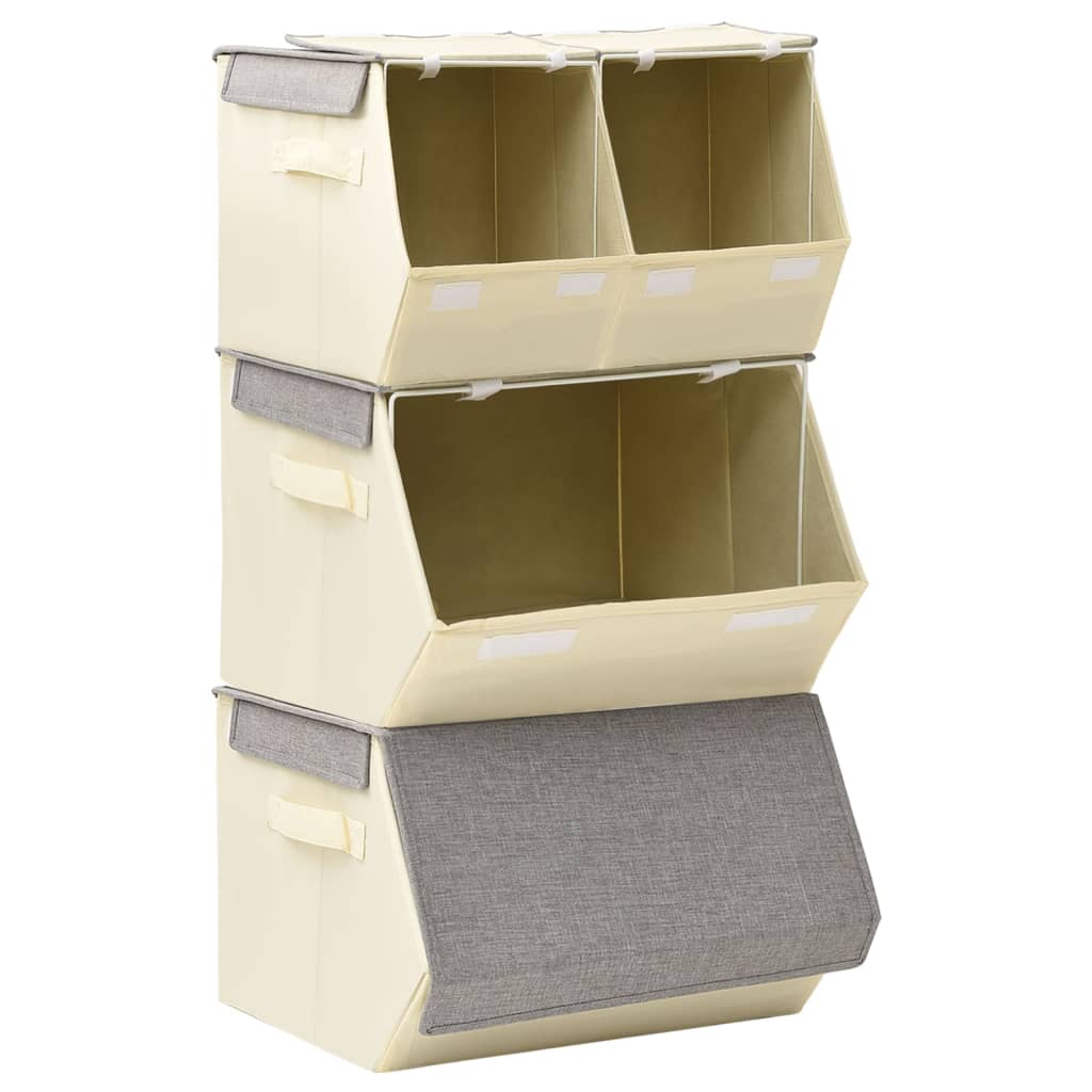 Boîte de Rangement Empilable Lot de 4 Pièces Tissu Gris &amp; Crème