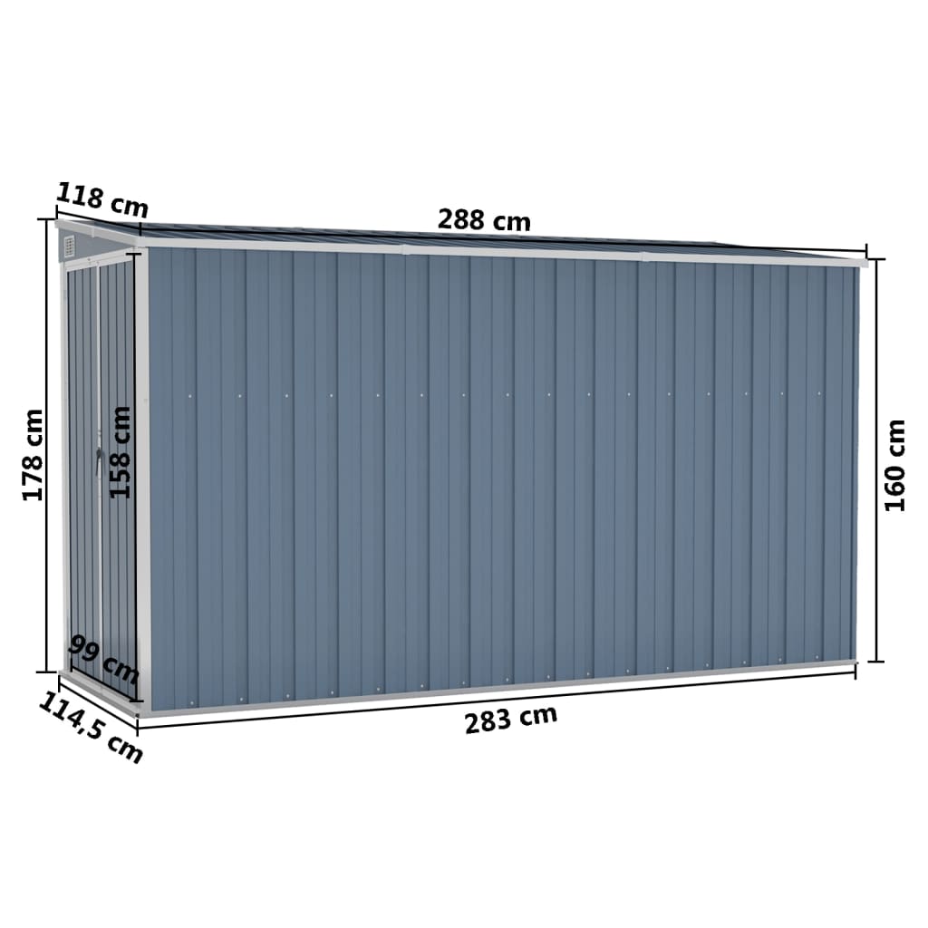 vidaXL Wall-mounted Garden Shed Grey 118x288x178 cm Galvanised Steel