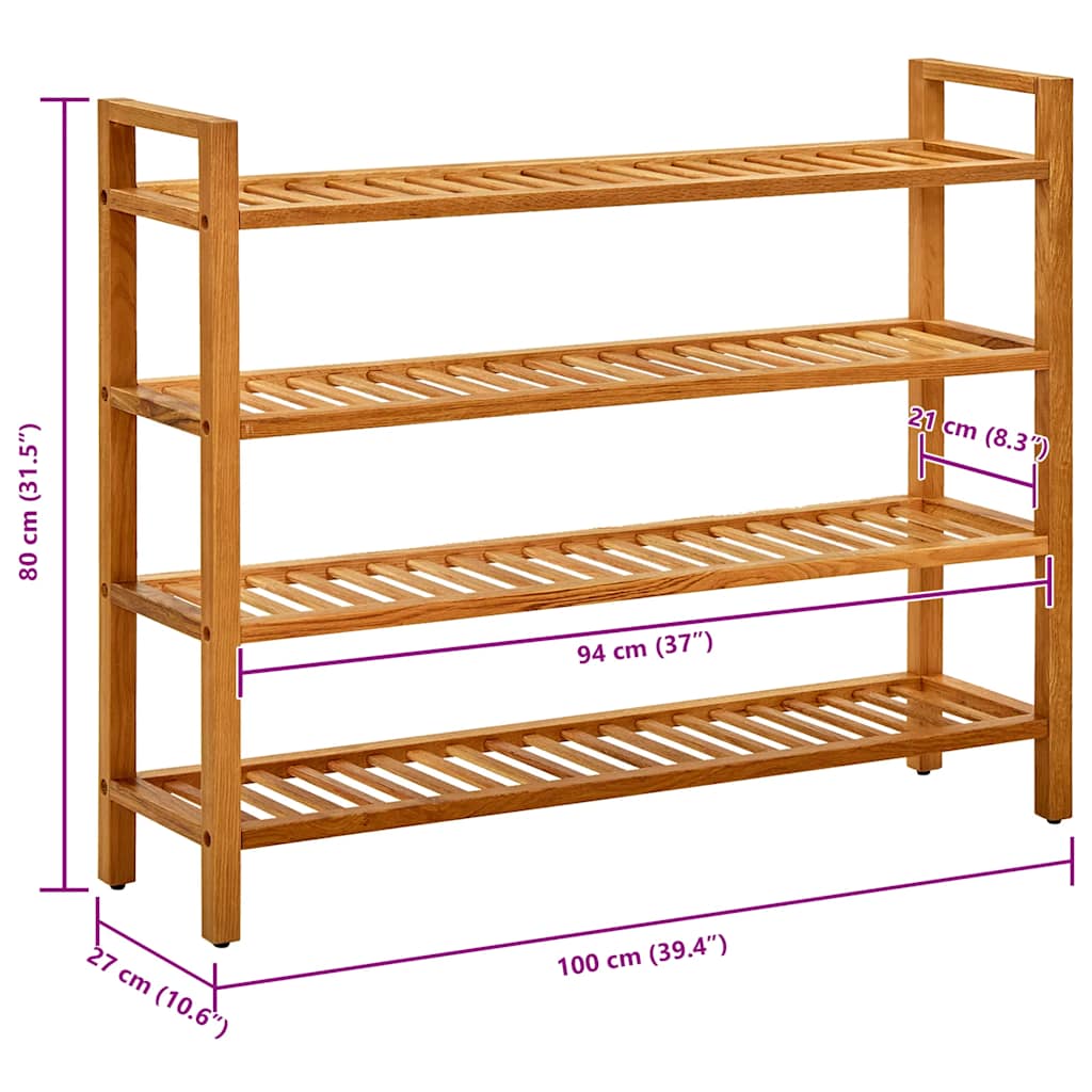 Shoe Rack with 4 Shelves 100x27x80 cm Solid Oak Wood
