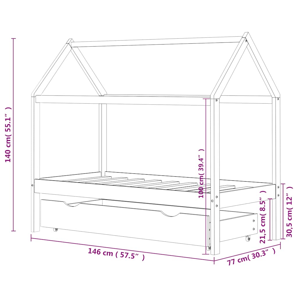 Kids Bed Frame with a Drawer White Solid Pine Wood 70x140 cm