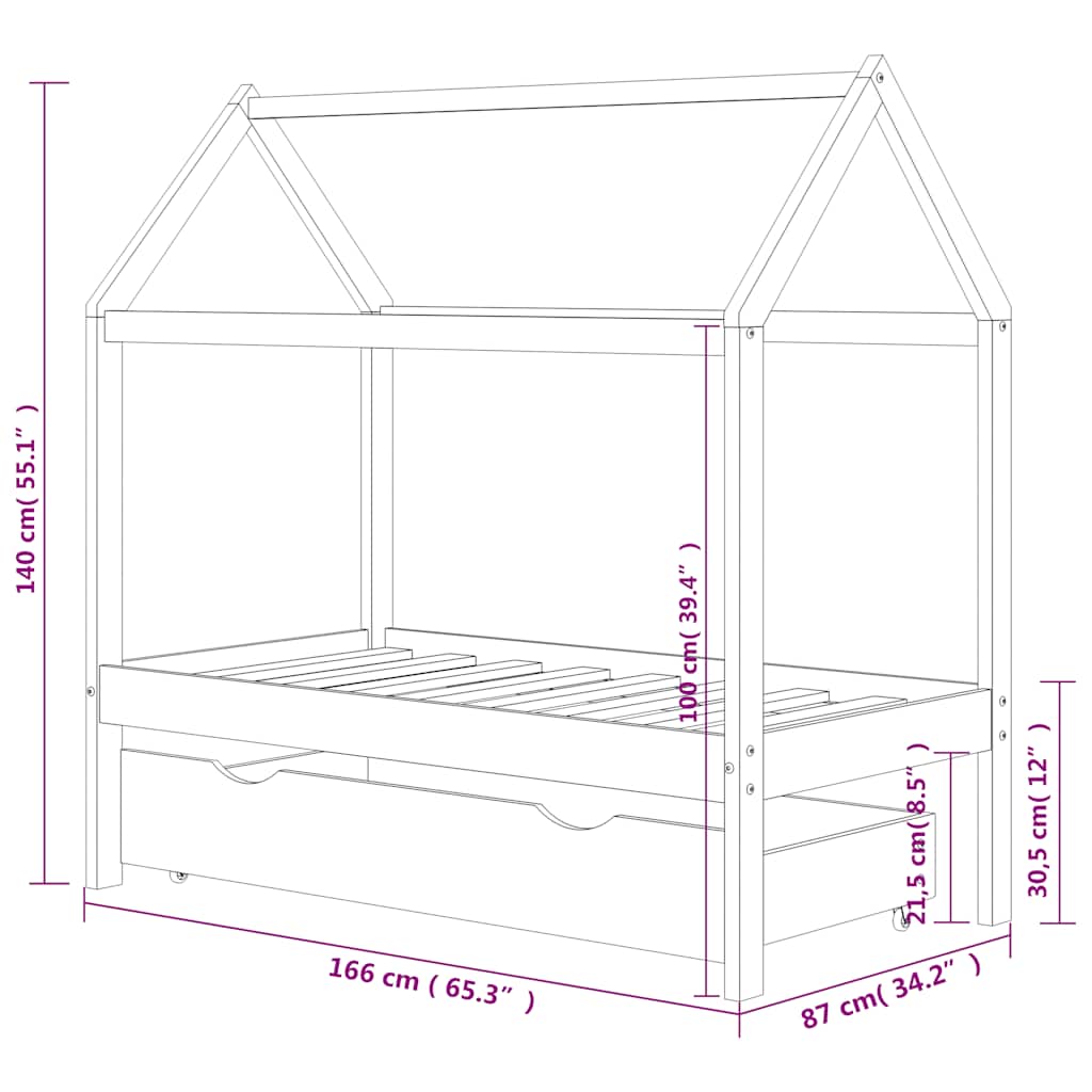 Kids Bed Frame | Dark Grey | Solid Pine Wood | 80x160 cm | Kids Bed Frame