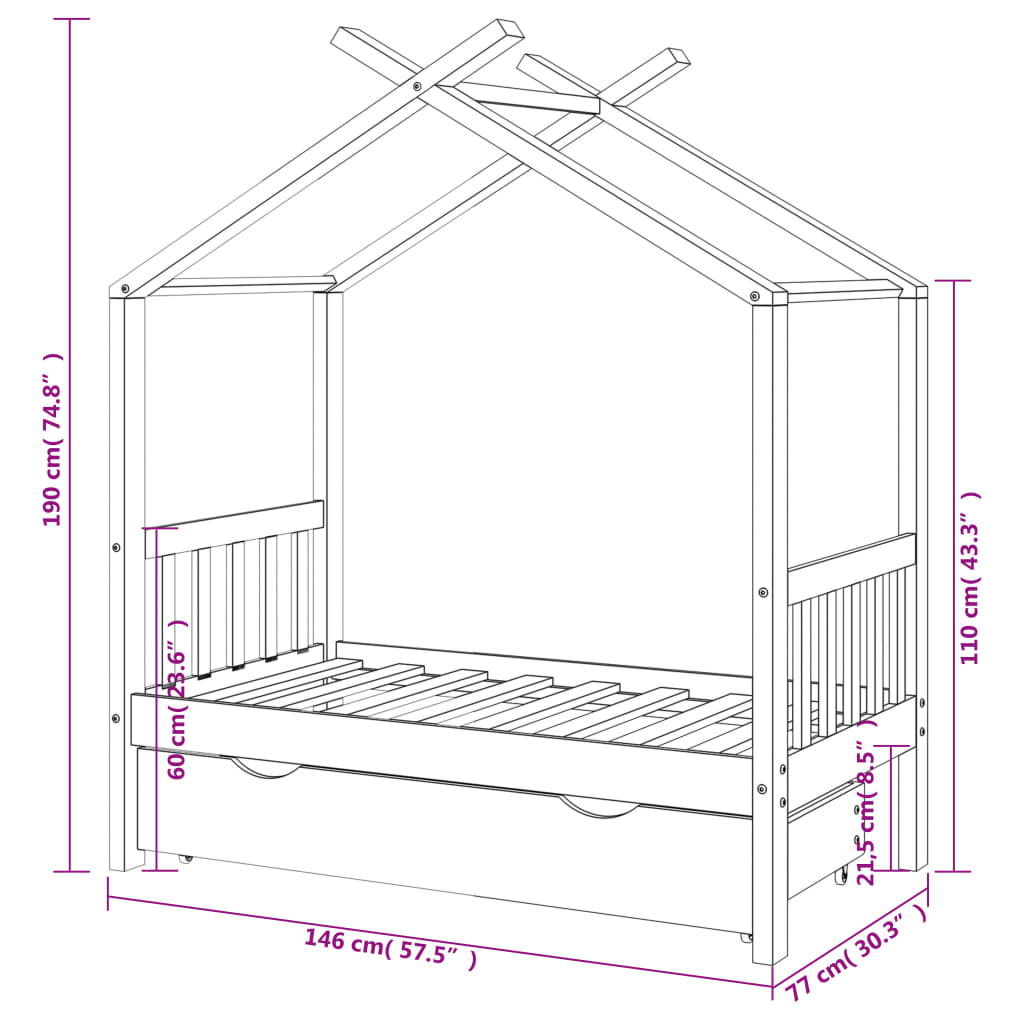 vidaXL Kids Bed Frame with a Drawer Dark Grey Solid Pine Wood 70x140cm