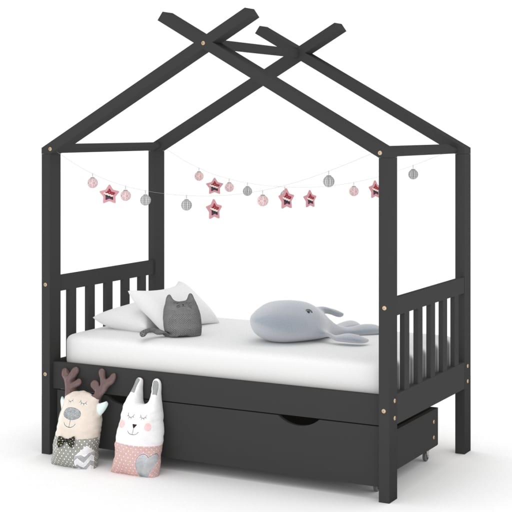 vidaXL Kids Bed Frame with a Drawer Dark Grey Solid Pine Wood 70x140cm