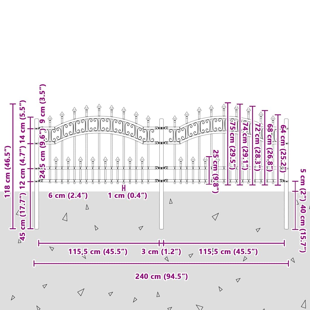 Garden Fence KAMPEN with Spear Top Black 240x75 cm Steel