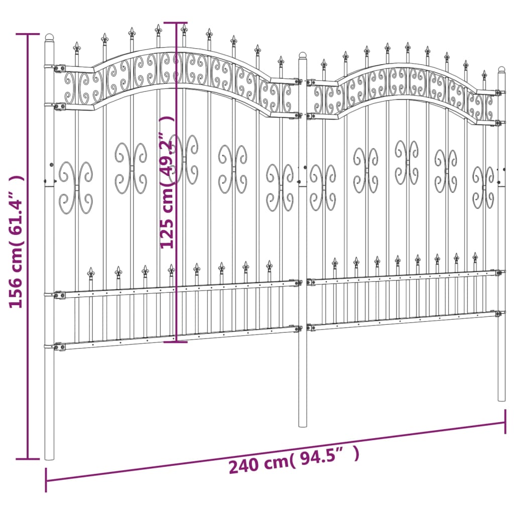 vidaXL Garden Fence with Spear Top Black 165 cm Powder-coated Steel