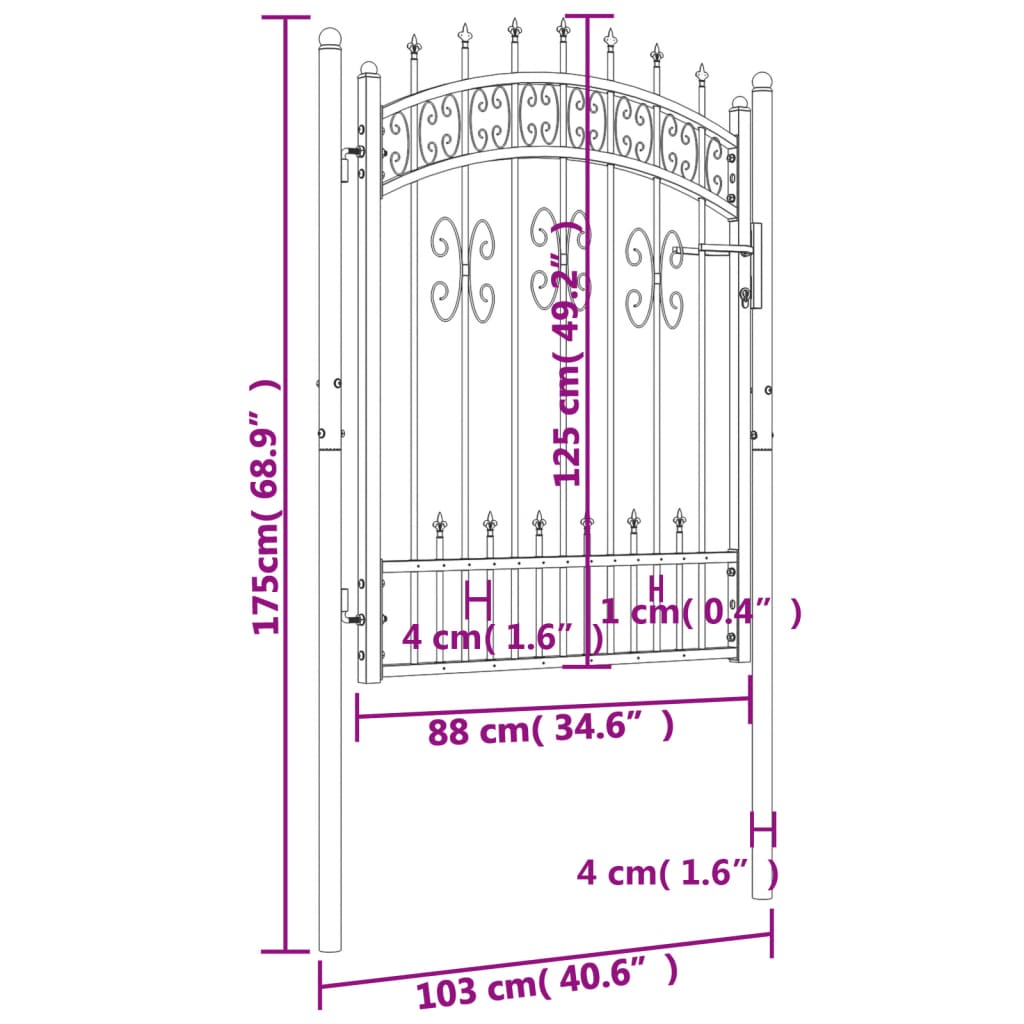 vidaXL Fence Gate with Spear Top Black 103x175 cm Powder-coated Steel