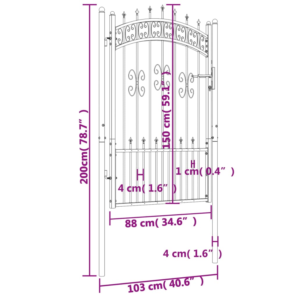 vidaXL Fence Gate with Spear Top Black 103x200 cm Powder-coated Steel