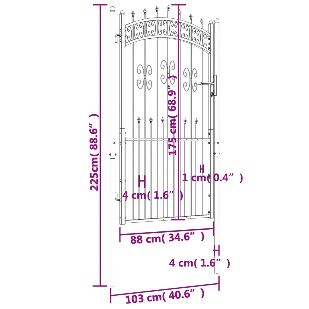 vidaXL Fence Gate with Spear Top Black 103x225 cm Powder-coated Steel