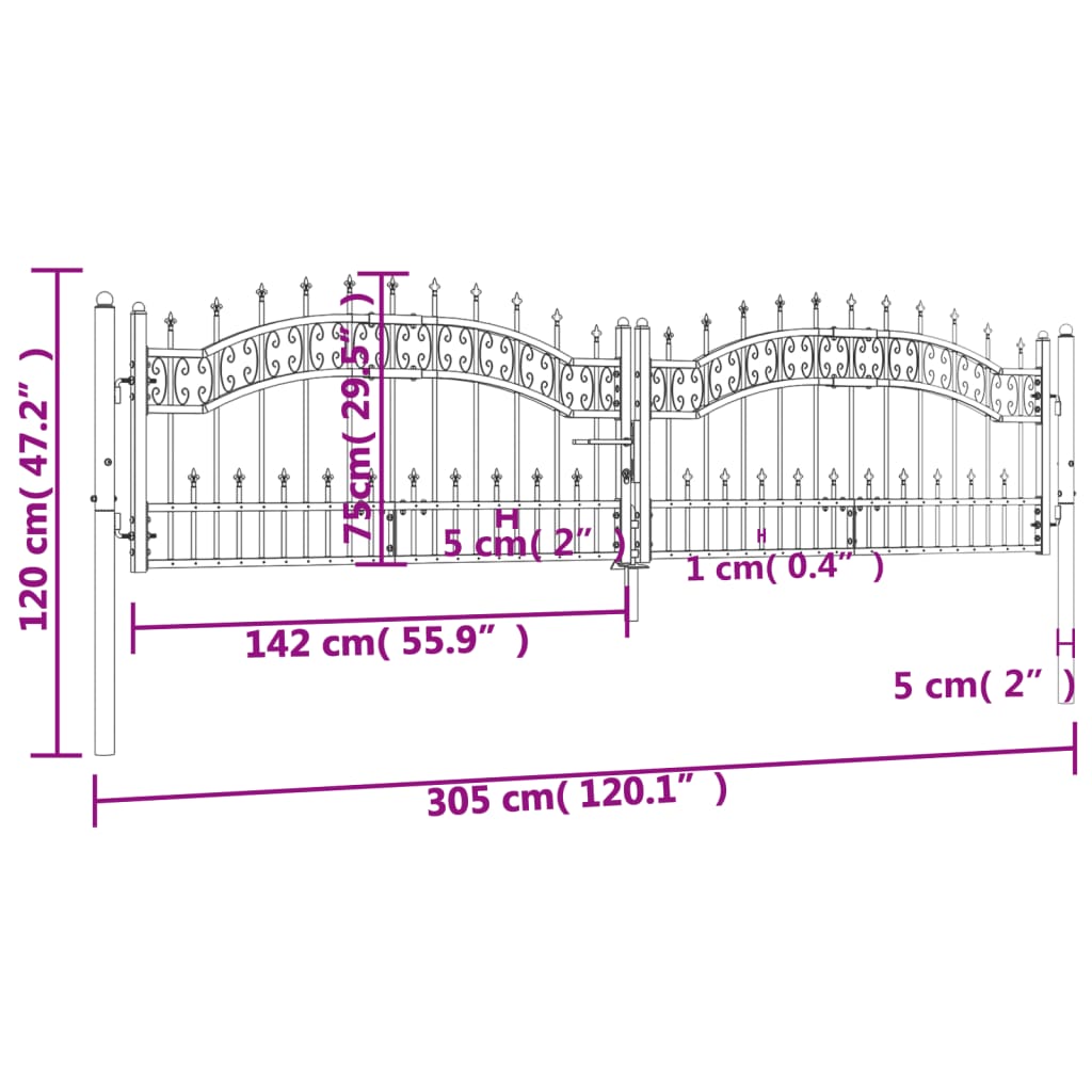 vidaXL Fence Gate with Spear Top Black 305x120 cm Powder-coated Steel