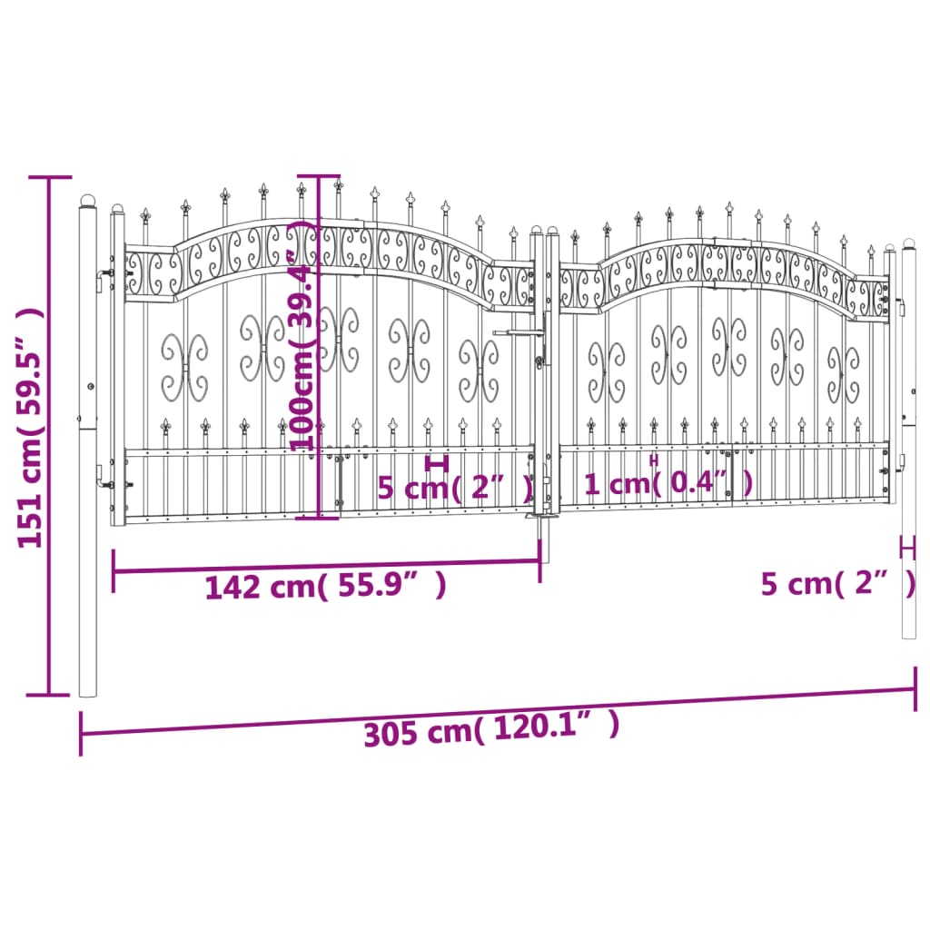 vidaXL Fence Gate with Spear Top Black 305x151 cm Powder-coated Steel