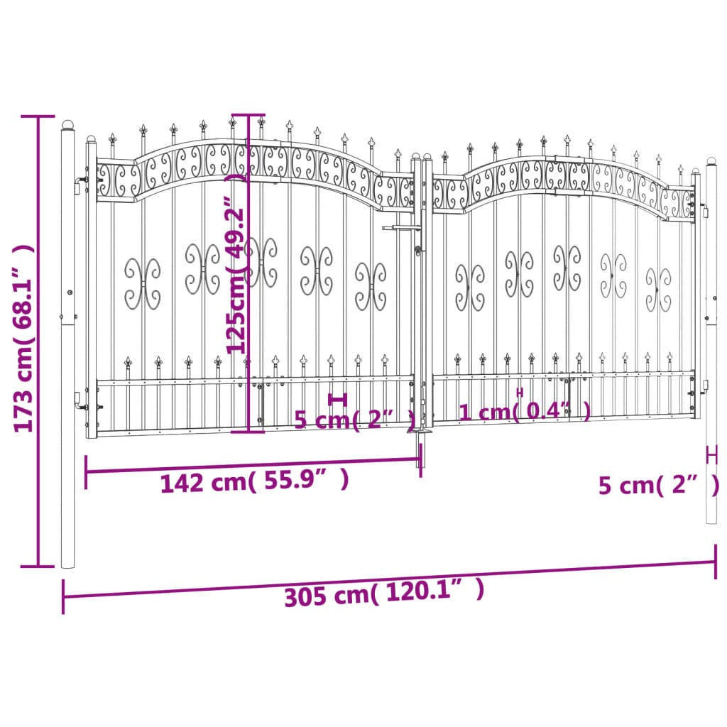 vidaXL Fence Gate with Spear Top Black 305x173 cm Powder-coated Steel