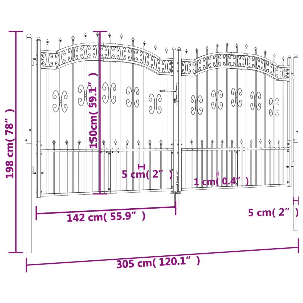 vidaXL Fence Gate with Spear Top Black 305x198 cm Powder-coated Steel