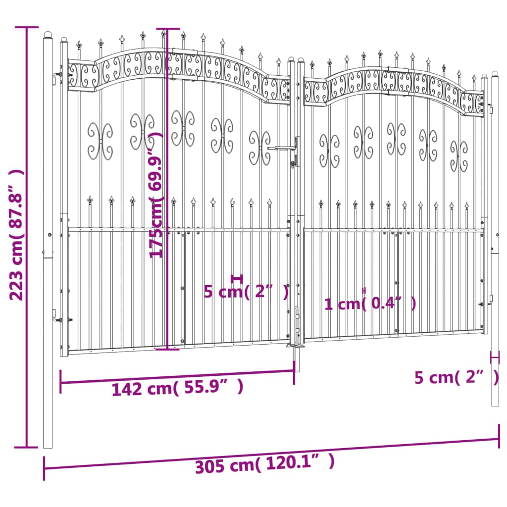 vidaXL Fence Gate with Spear Top Black 305x223 cm Powder-coated Steel