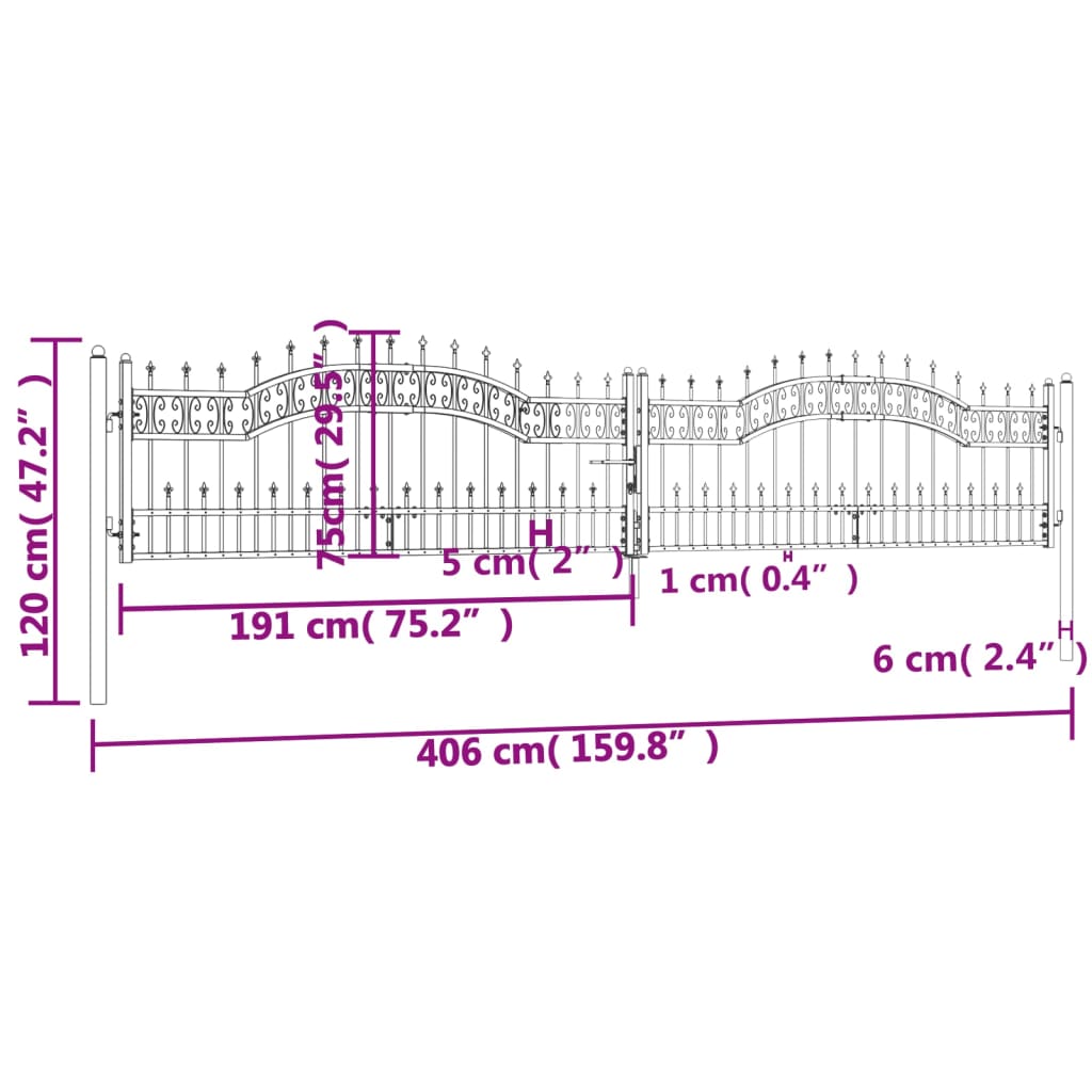 vidaXL Fence Gate with Spear Top Black 406x120 cm Powder-coated Steel