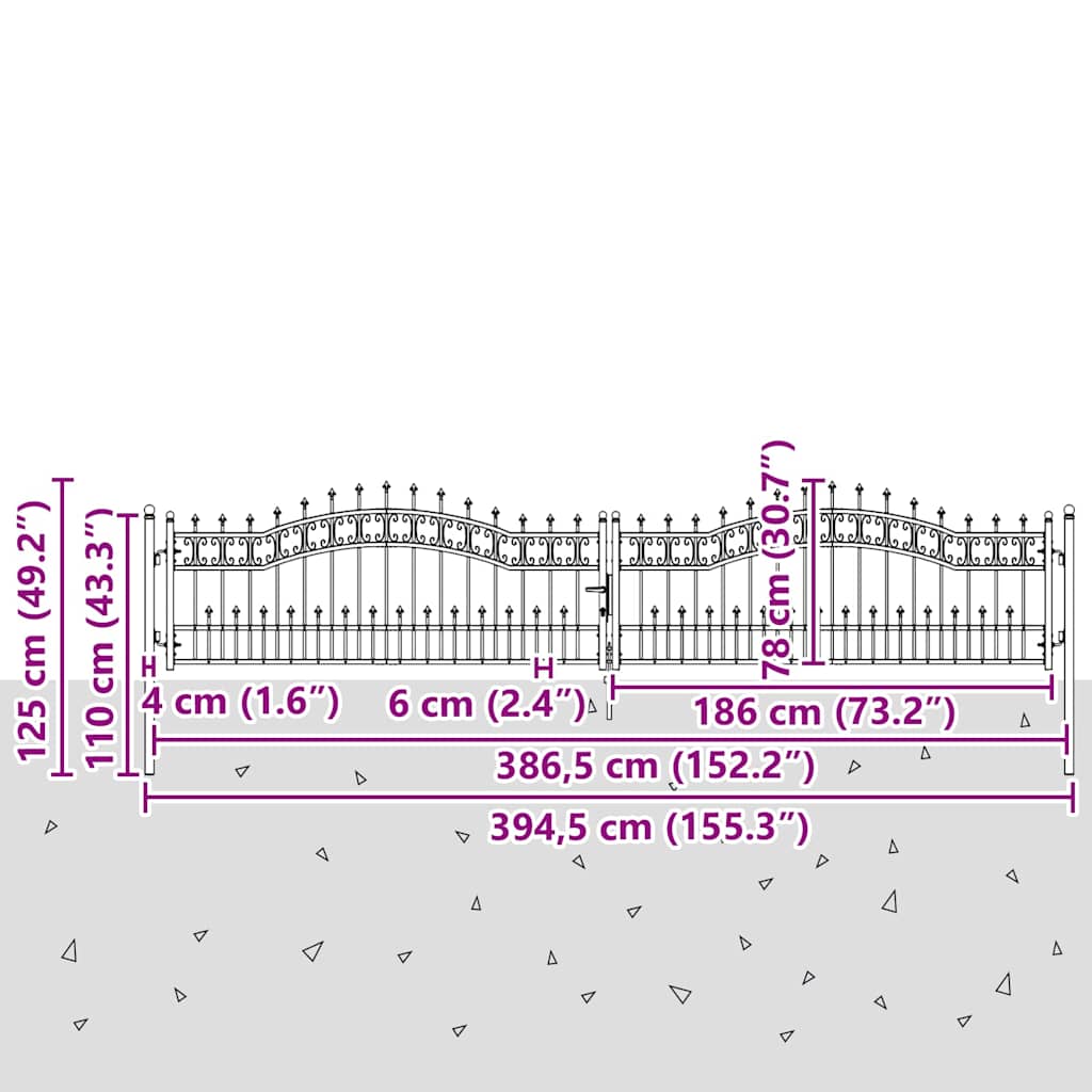 Fence Gate "KAMPEN" with Spear Top Black 394,5x78 cm Steel
