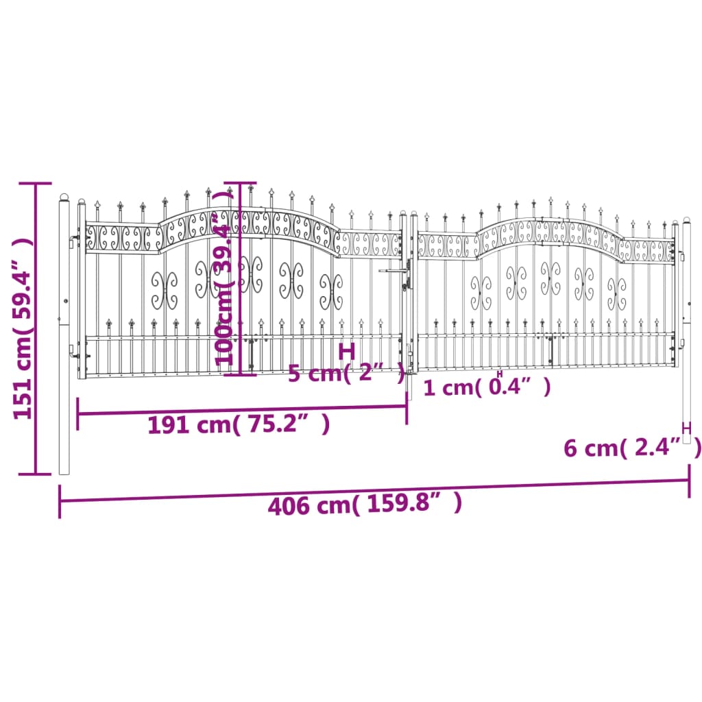 vidaXL Fence Gate with Spear Top Black 406x151 cm Powder-coated Steel