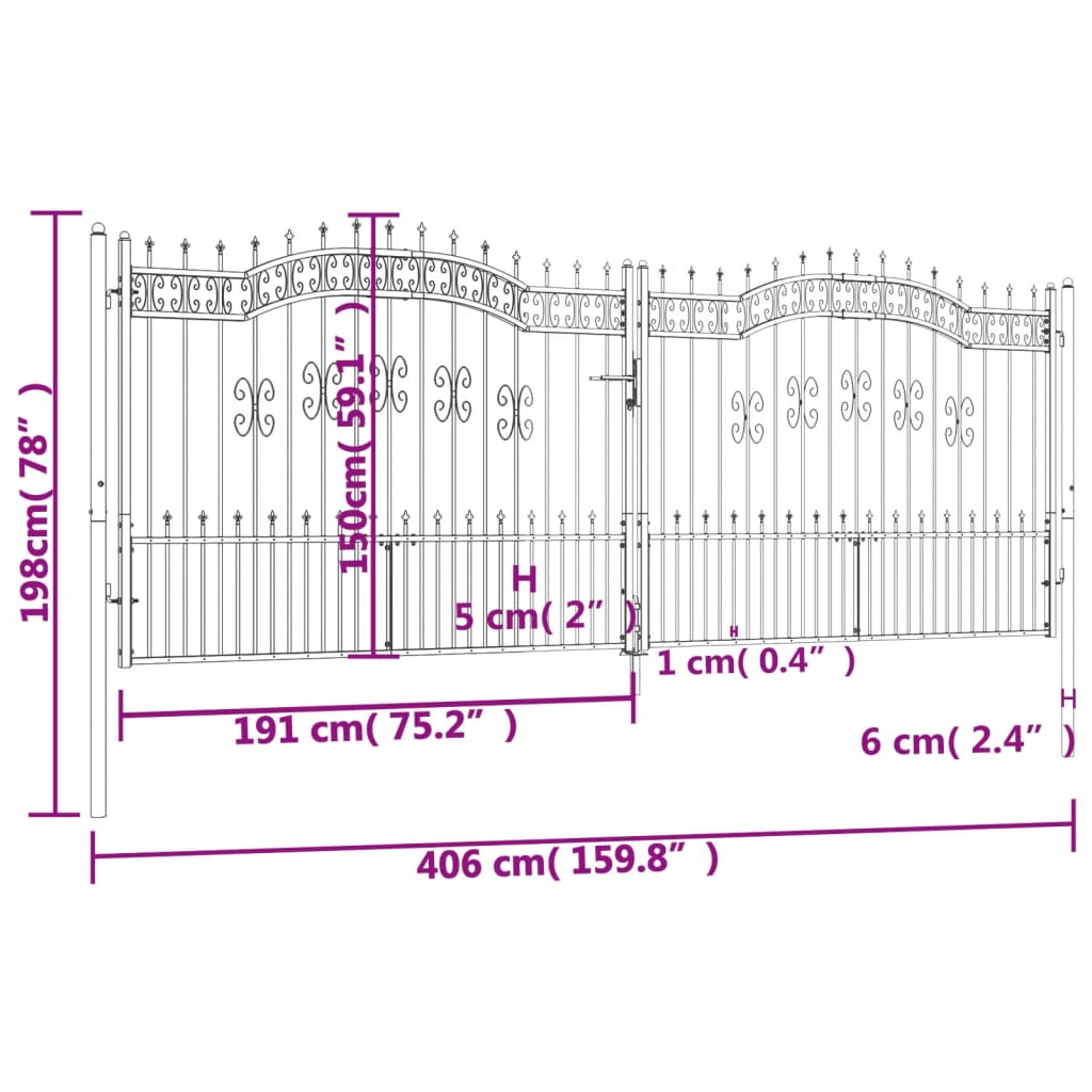 vidaXL Fence Gate with Spear Top Black 406x198 cm Powder-coated Steel