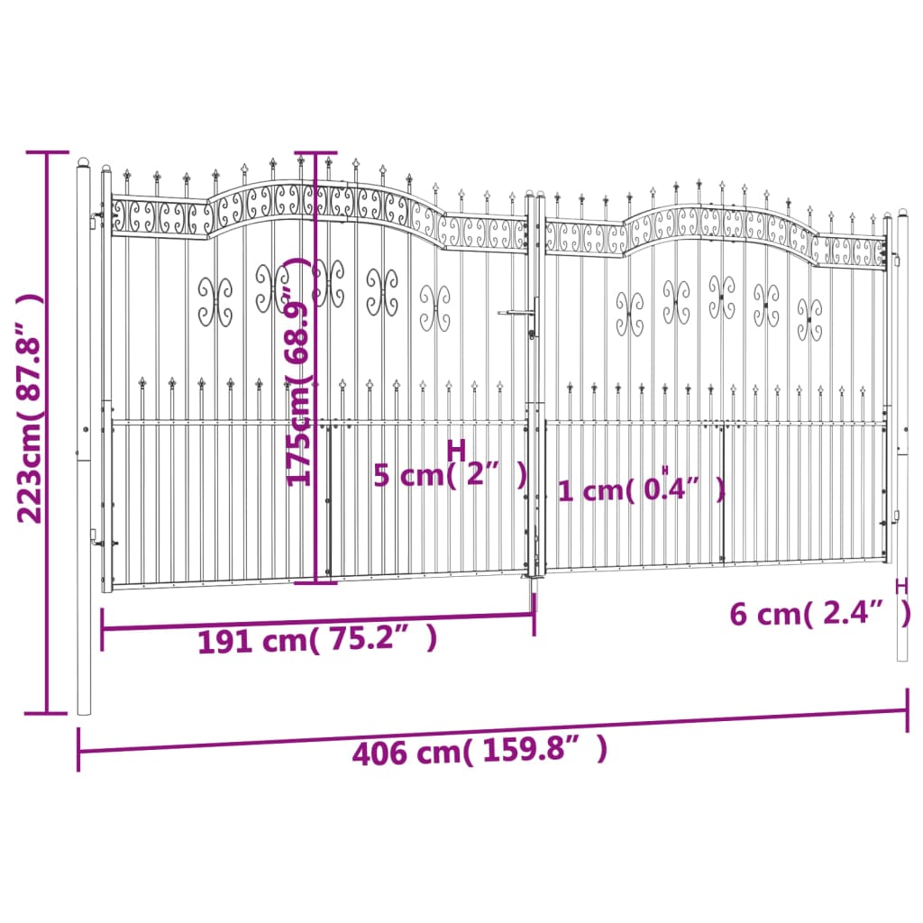 vidaXL Fence Gate with Spear Top Black 406x223 cm Powder-coated Steel