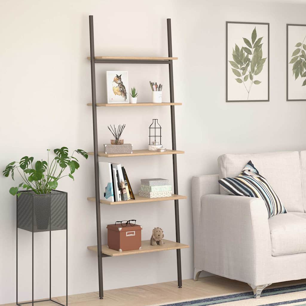 5-Tier Leaning Shelf Light Brown and Black 64x34x185,5 cm