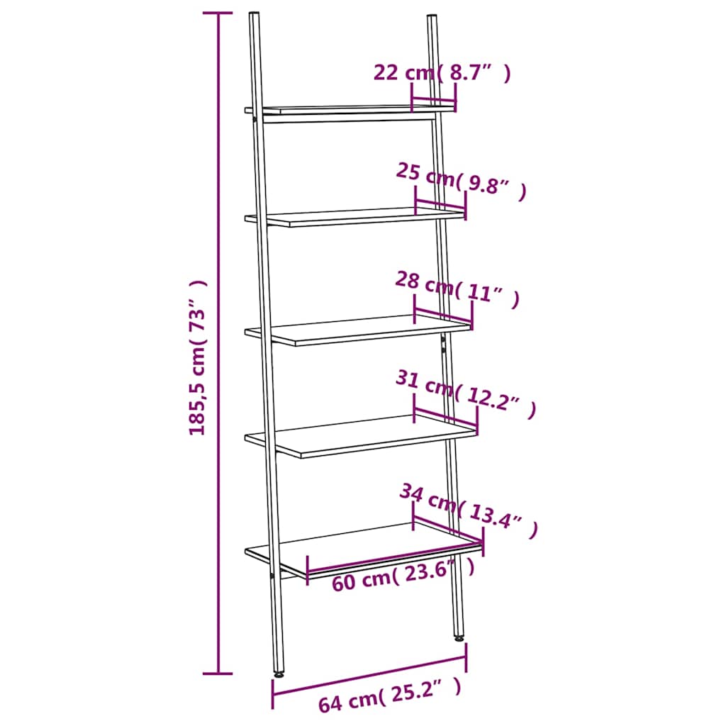 5-Tier Leaning Shelf Dark Brown and Black 64x34x185,5 cm