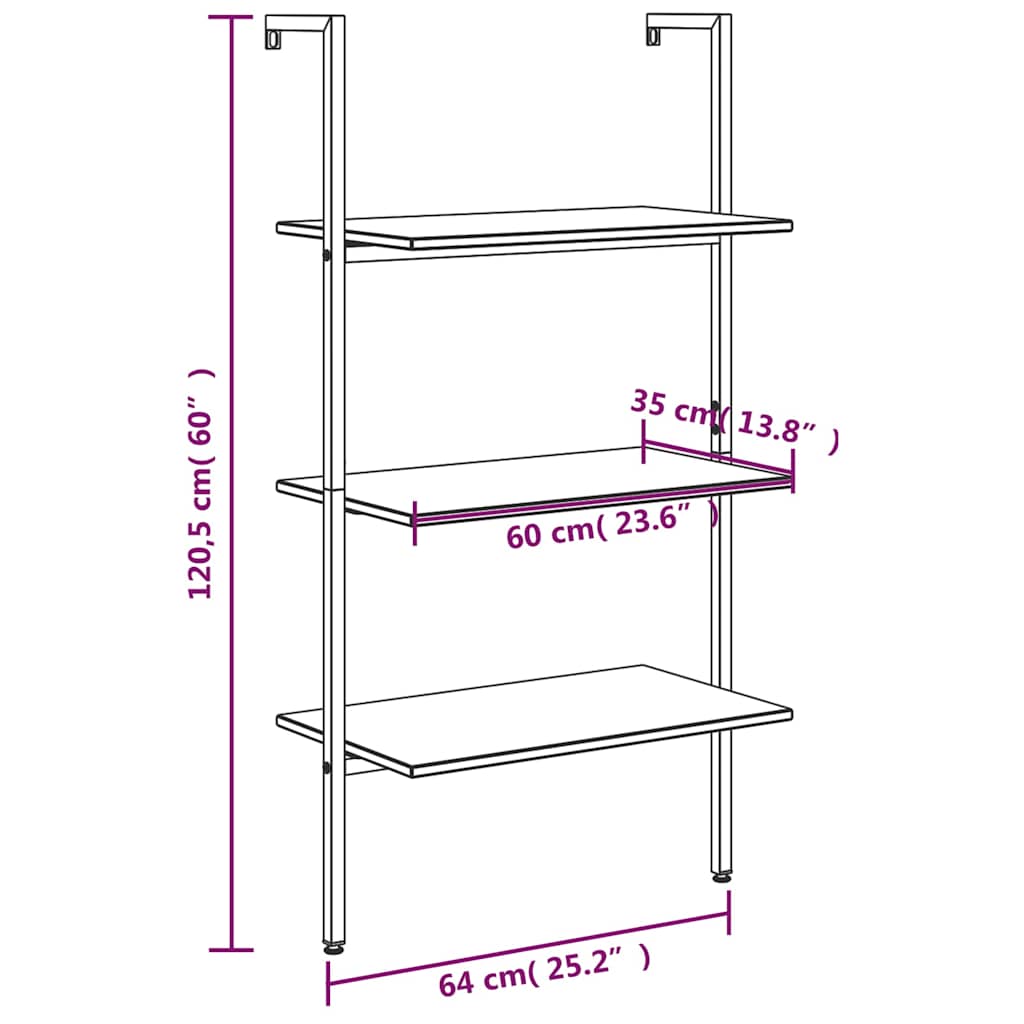 3-Tier Leaning Shelf Dark Brown and Black 64x35x120,5 cm