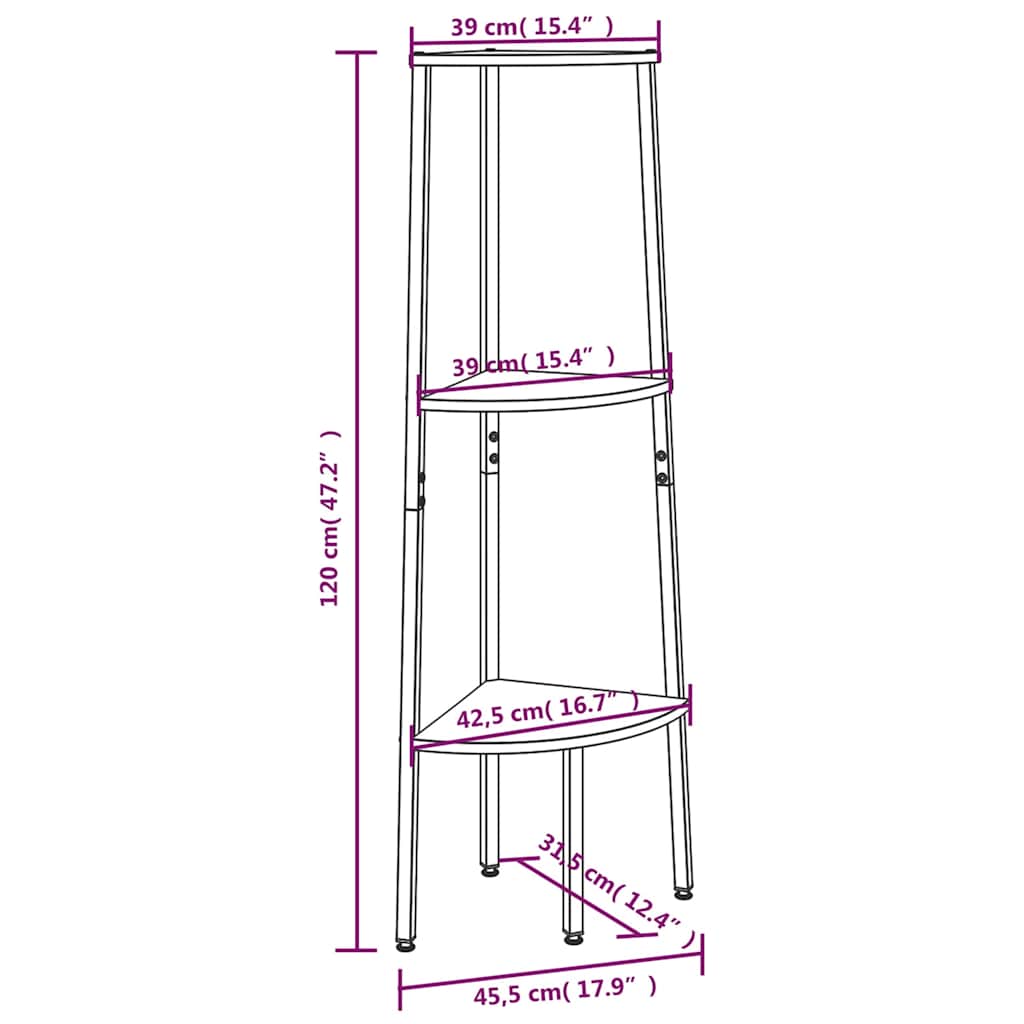3-Tier Corner Shelf Black 45,5x31,5x120 cm