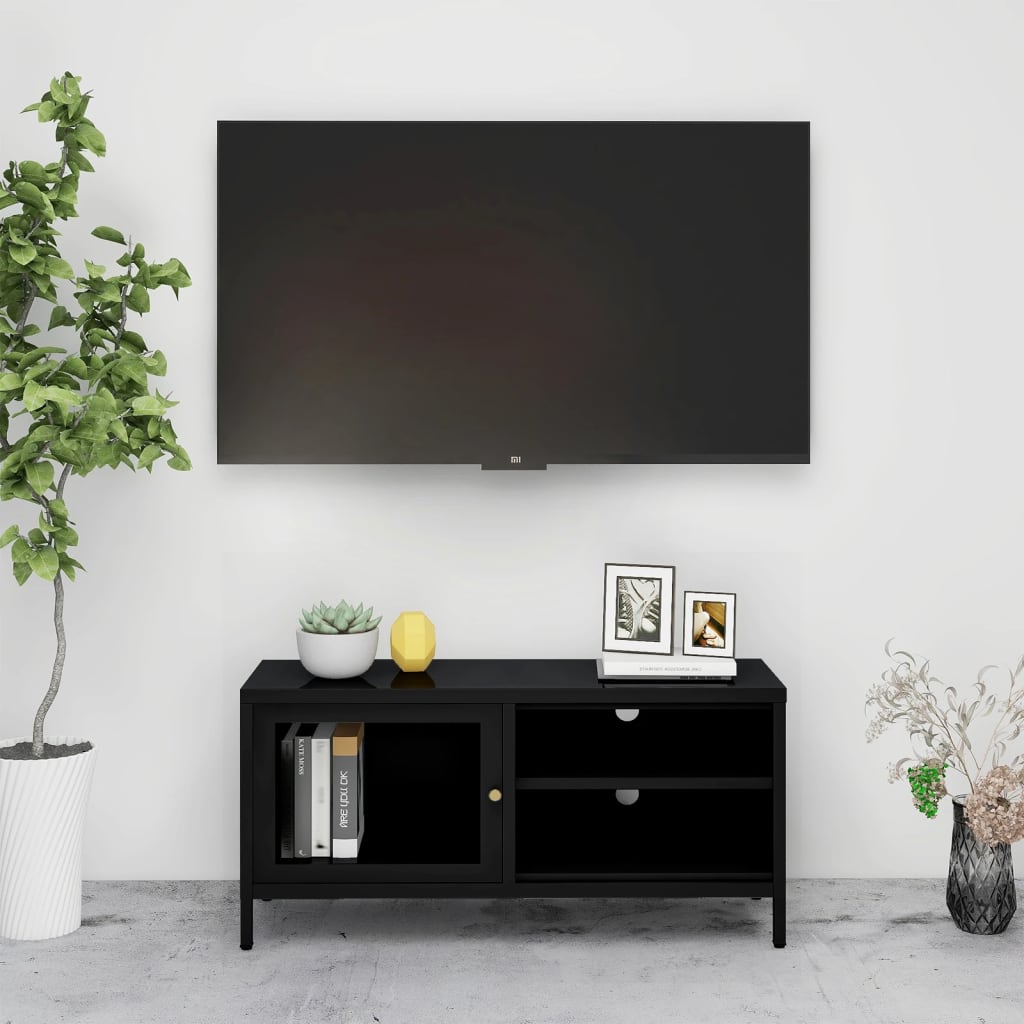 TV Cabinet | Black | Black powder-coated steel, tempered glass