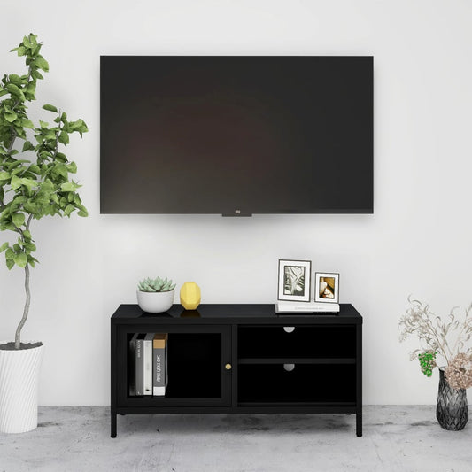 TV Cabinet | Black | Black powder-coated steel, tempered glass