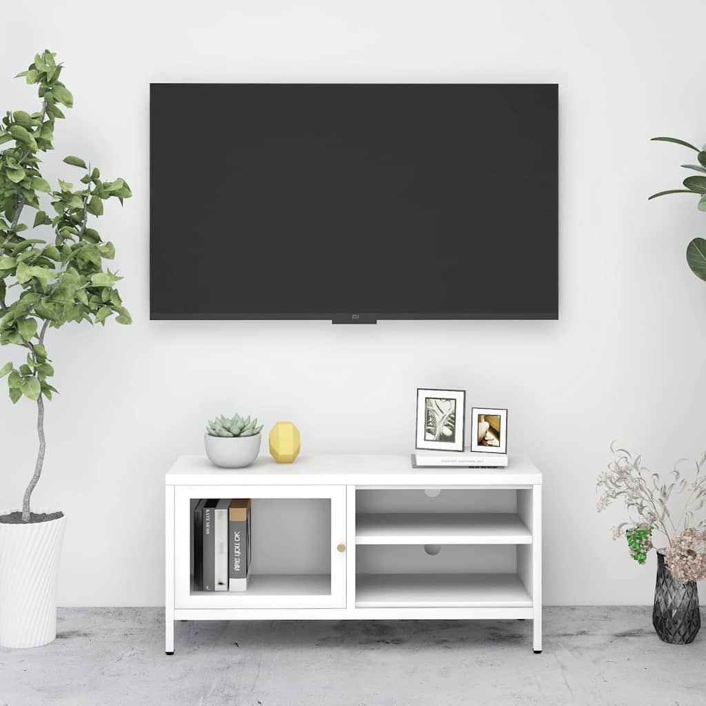 336056 vidaXL TV Cabinet White 90x30x44 cm Steel and Glass