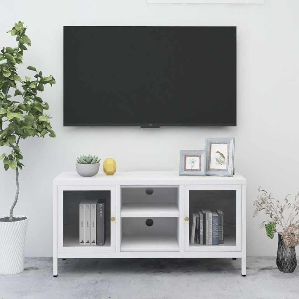 336059 vidaXL TV Cabinet White 105x35x52 cm Steel and Glass