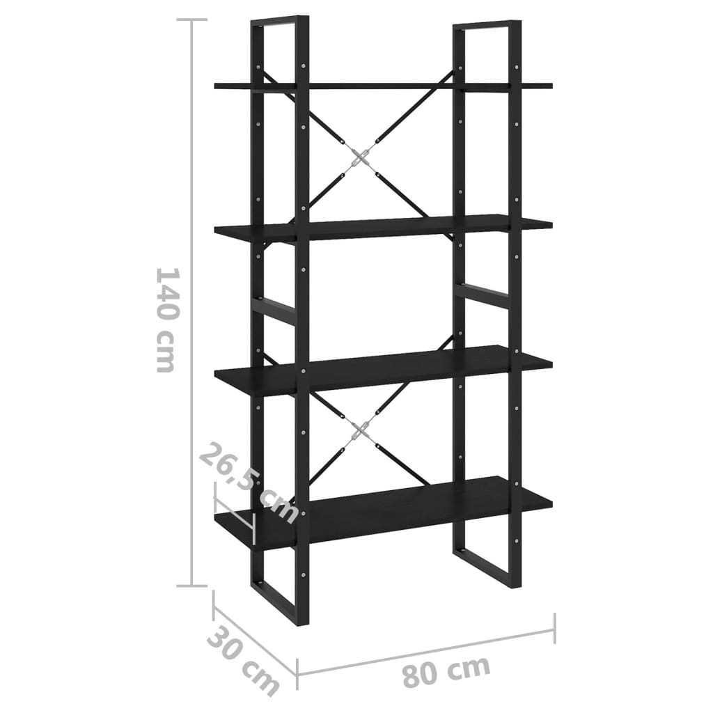 Book Cabinet | Black | Solid Pine Wood, Metal | 80 x 30 x 140 cm