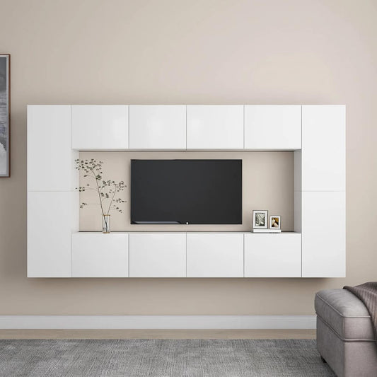 8 Piece TV Cabinet Set White Engineered Wood