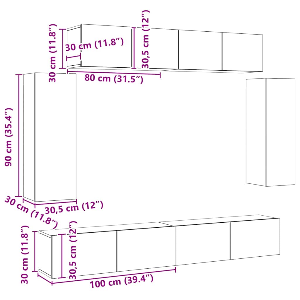 6 Piece TV Cabinet Set White Engineered Wood