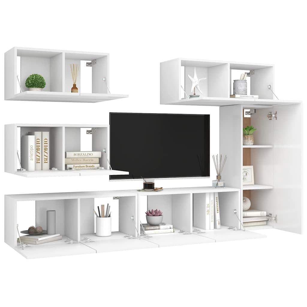 6 Piece TV Cabinet Set White Engineered Wood