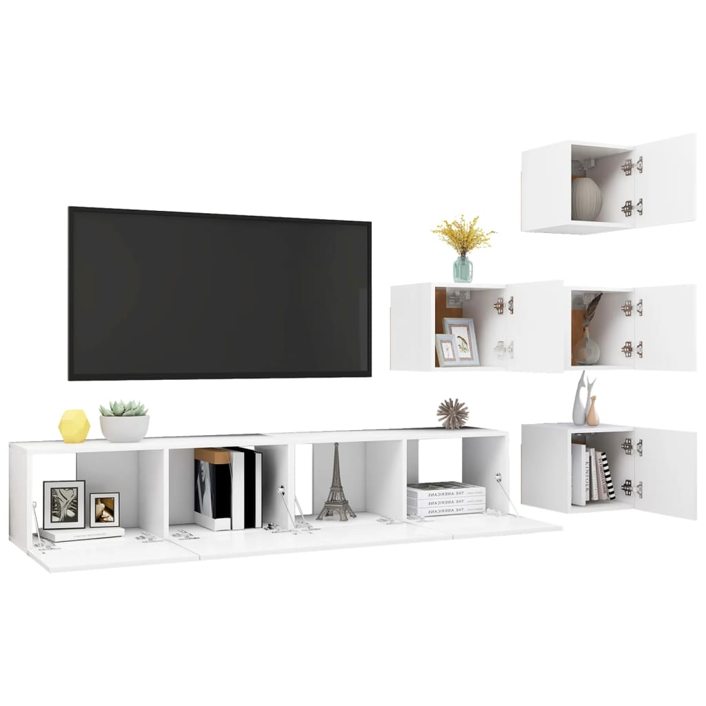 3078721 vidaXL 6 Piece TV Cabinet Set White Engineered Wood (804483+801472x2)