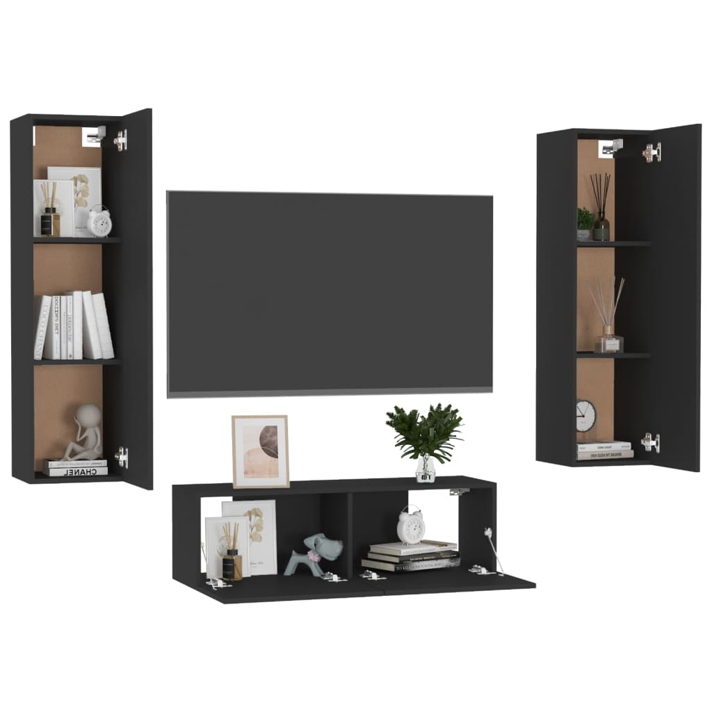 vidaXL 3 Piece TV Cabinet Set Black Engineered Wood