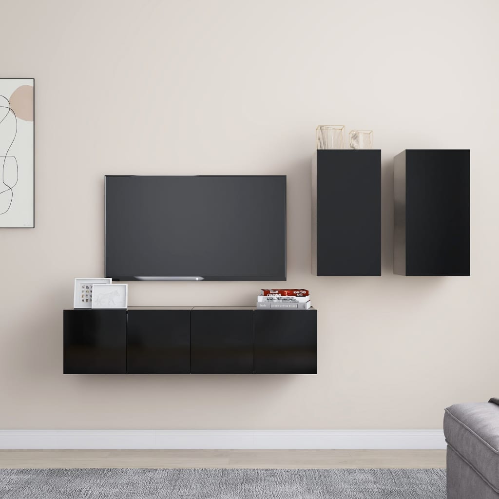 vidaXL 4 Piece TV Cabinet Set Black Engineered Wood