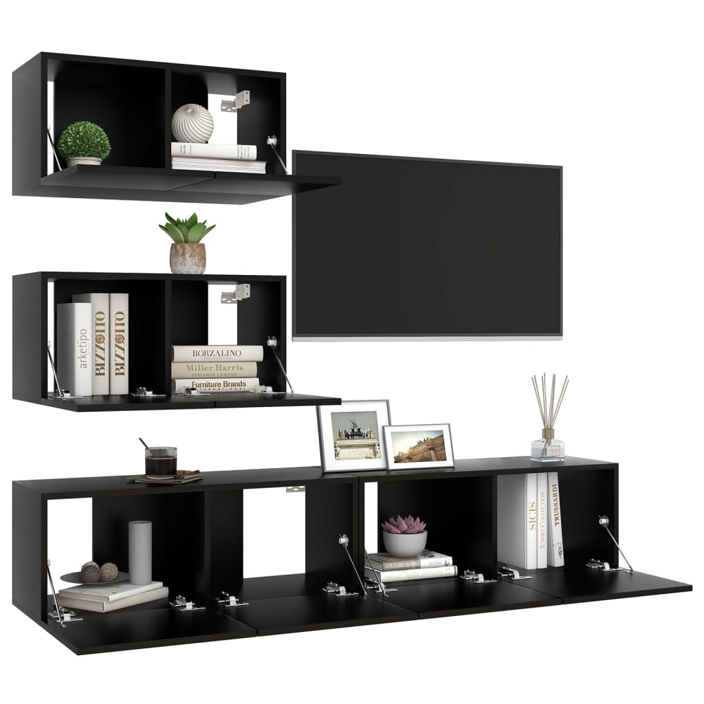 vidaXL 4 Piece TV Cabinet Set Black Engineered Wood