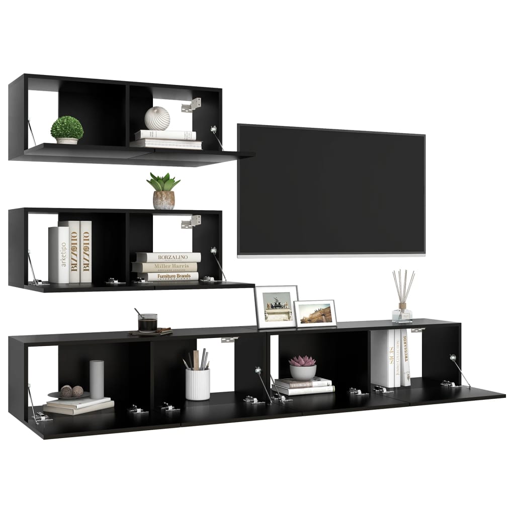 vidaXL 4 Piece TV Cabinet Set Black Engineered Wood