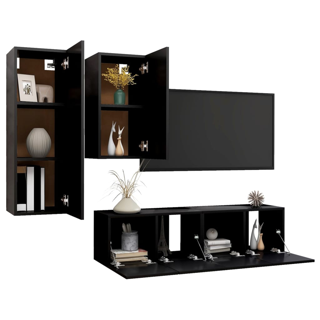 vidaXL 4 Piece TV Cabinet Set Black Engineered Wood