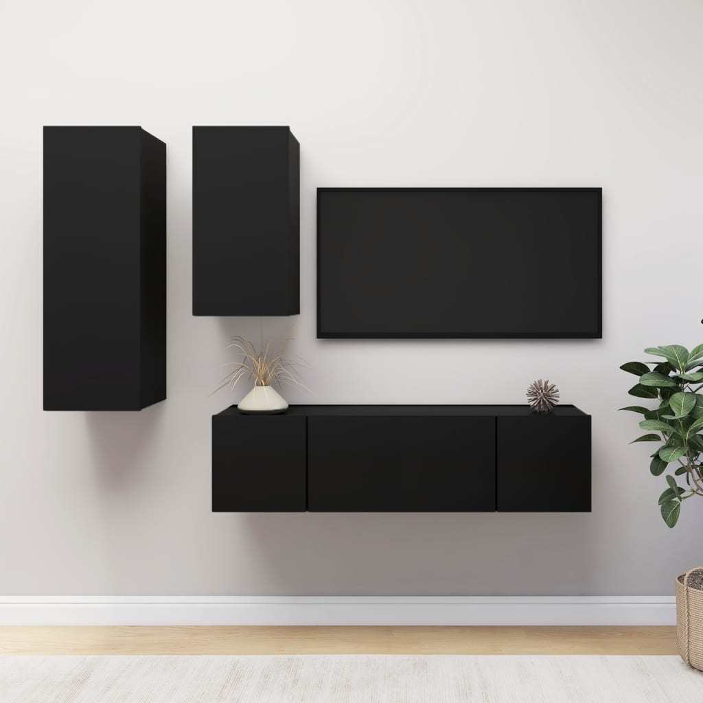 vidaXL 4 Piece TV Cabinet Set Black Engineered Wood