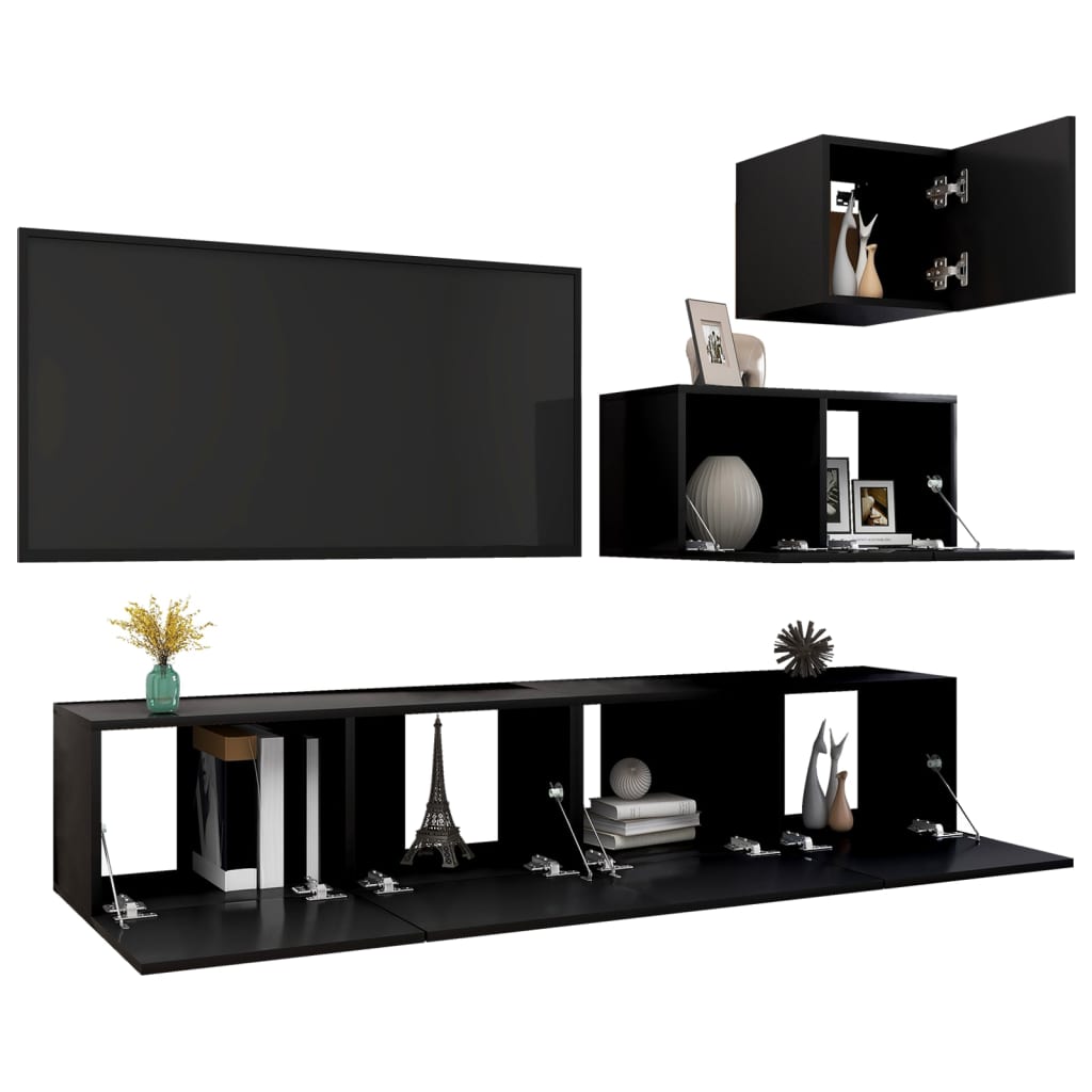 vidaXL 4 Piece TV Cabinet Set Black Engineered Wood