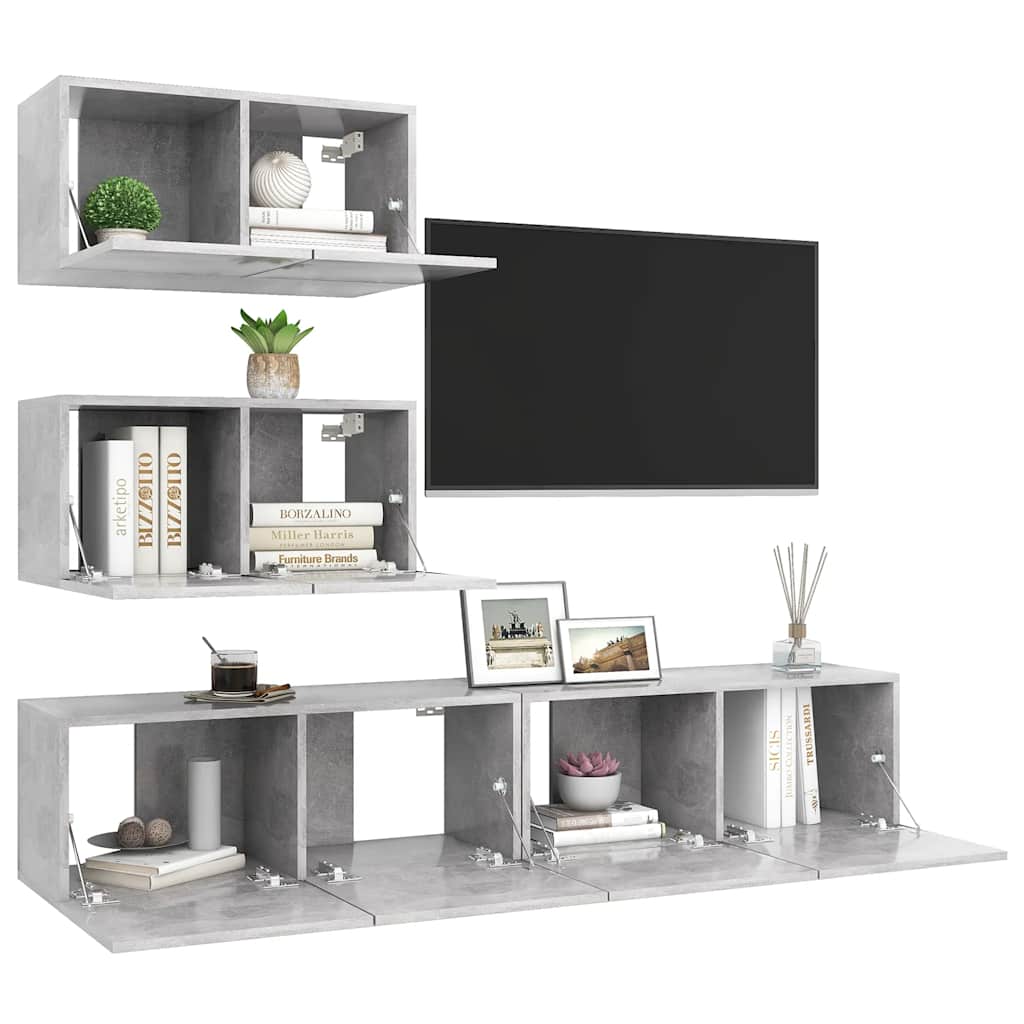 3079130 vidaXL 4 Piece TV Cabinet Set Concrete Grey Engineered Wood (804521+801476x2)