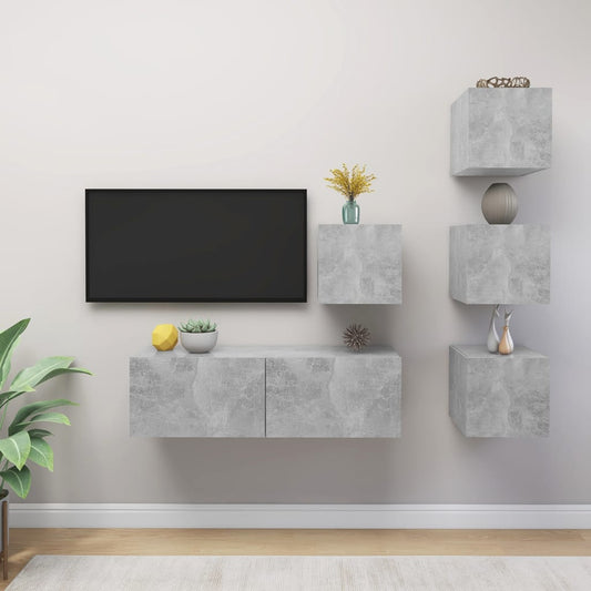 3079142 vidaXL 5 Piece TV Cabinet Set Concrete Grey Engineered Wood (804495+801485)