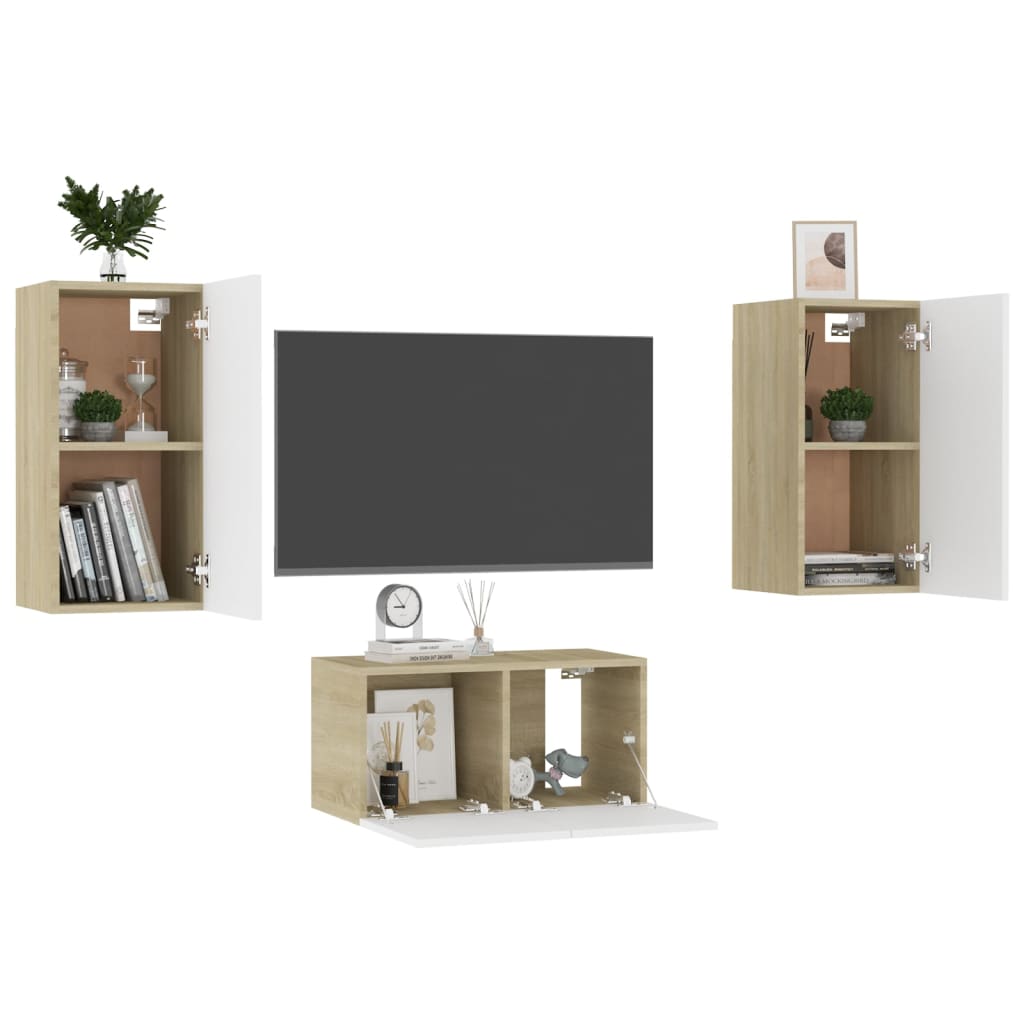 vidaXL 3 Piece TV Cabinet Set White and Sonoma Oak Engineered Wood